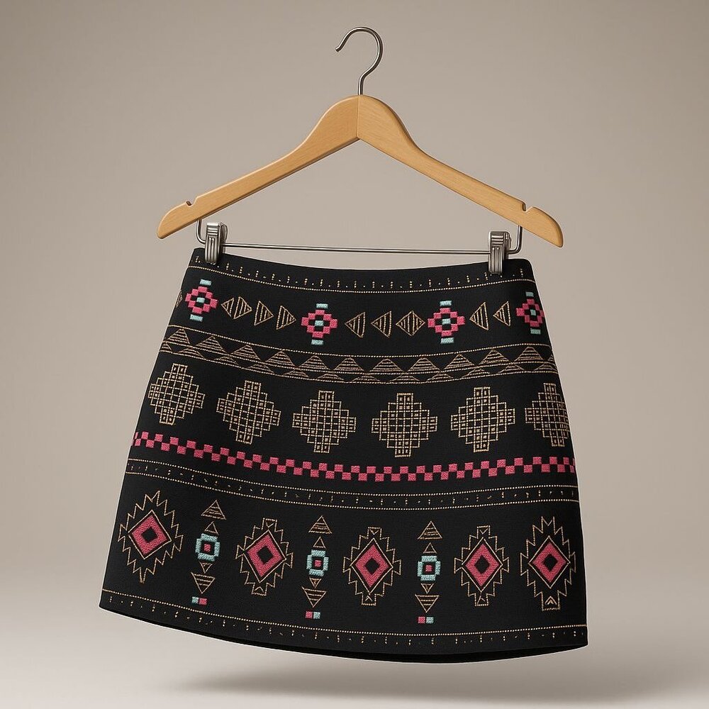 Miami Brand Embroidered Tribal Print Mini Skirt Women’s Medium Black Multicolor - Picture 16 of 16
